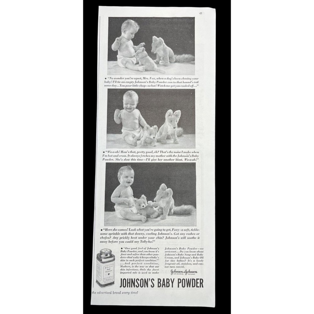 Johnson's Baby Powder 1938 Vintage Print Ad Baby with Stuffed Dog Puppy